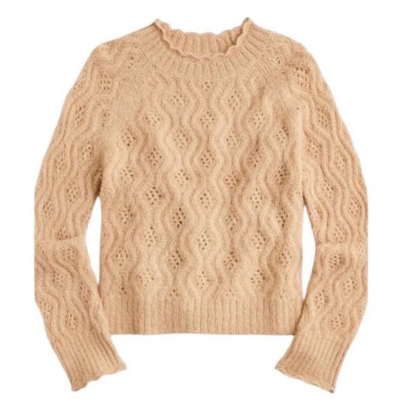 J. Crew Sweaters - J. Crew Pointelle Scallop Trim Sweater Size S Camel Wool Alpaca Blend Open Knit